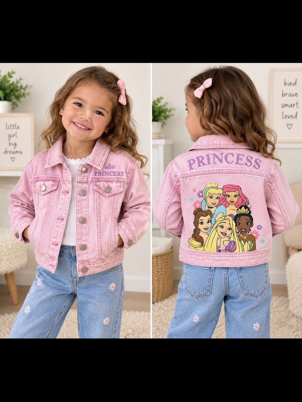 Disney Princess Pink Acid Wash Denim Jacket Girls 3T Cinderella Ariel Belle💕